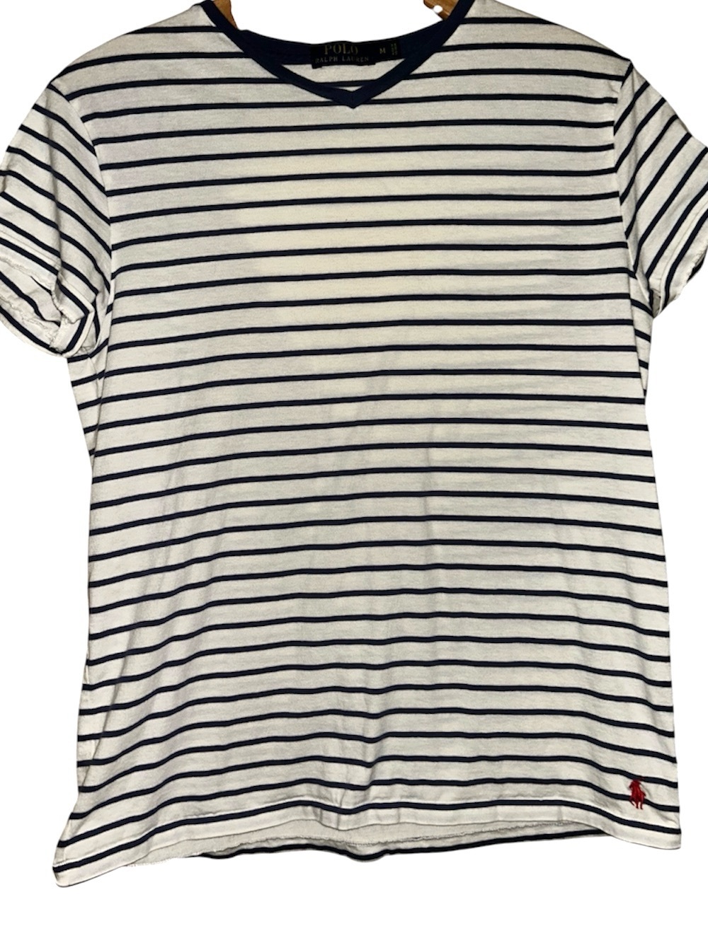 Ralph Lauren Navy and White Striped V‑Neck Tee